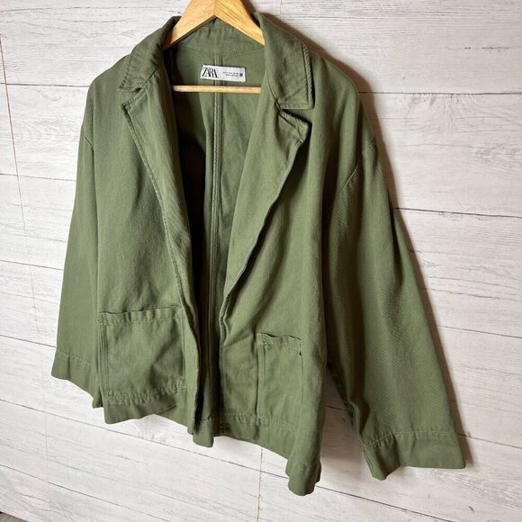 Zara Shacket Womens Size Medium Sage Green Denim Wide Arm Sleeve 100% Cotton - Picture 6 of 15